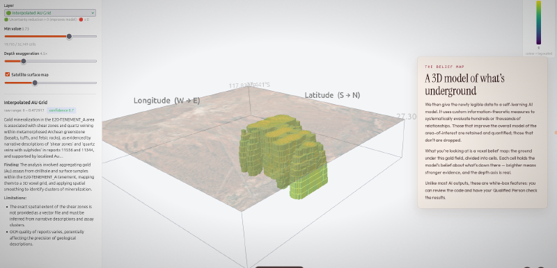 The Belief Map: a voxel model of what’s underground, where brighter cells mean stronger evidence and relationships are kept or dropped based on how much they improve the model as a whole Interactive 3D voxel belief map of gold mineralisation beneath a tenement, generated from drillhole and surface assay data