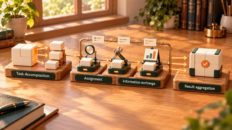 Split the task, give each part a specialist, pass results, merge once Collaborative AI agents as one flow on a sunny desk: a task block split into three pieces, three specialist workstations, paper cards passing along a rail between them, and the pieces reassembled into one finished box