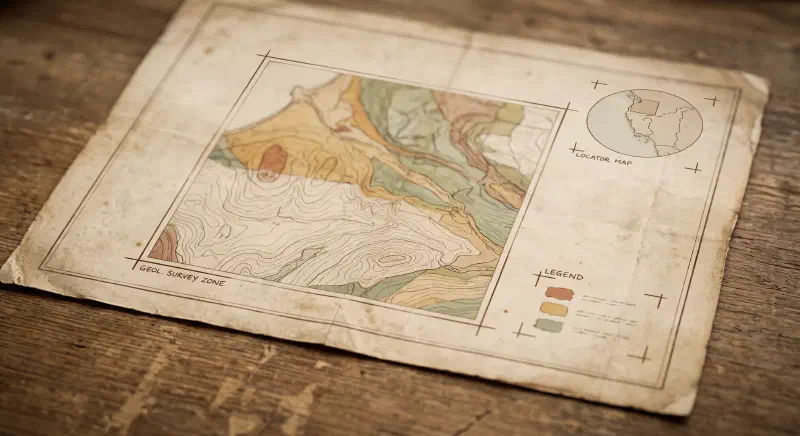 Finding the parts of the sheet before reading any of them An aged geological survey map on a wooden desk, with thin ink corner-bracket annotations marking out the legend box with its colour swatches, a small circular locator map, and the main coloured map area