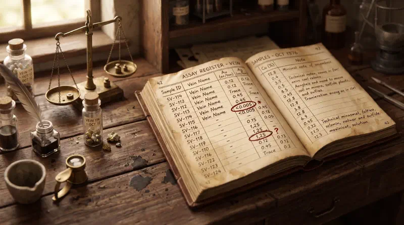 Diagnose the entry before you touch it An old assay register open on a wooden workbench, with handwritten columns of sample results in sepia ink beside a brass balance scale and a glass vial of mineral fragments. Two entries are circled in red ink: “<0.005” with a small annotation mark, and “1,25” with a red question mark