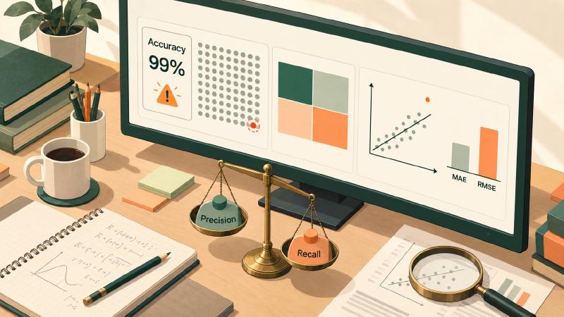 One score can hide what a model misses An analyst’s desk where a monitor shows evaluation metrics in machine learning: an Accuracy 99% card beside a dot grid with one missed red case, a confusion matrix, and a scatter plot with MAE and RMSE bars, next to a balance scale weighing precision against recall