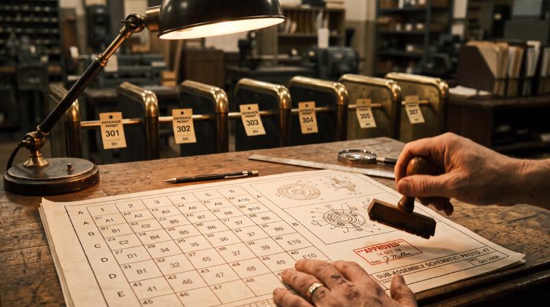 One approval, then the run goes through A hand pressing a rubber stamp onto a large grid sheet of numbered cells on a wooden desk under a brass lamp, the sheet already marked with a red APPROVED stamp, with a row of numbered tags hanging on brass turnstiles behind