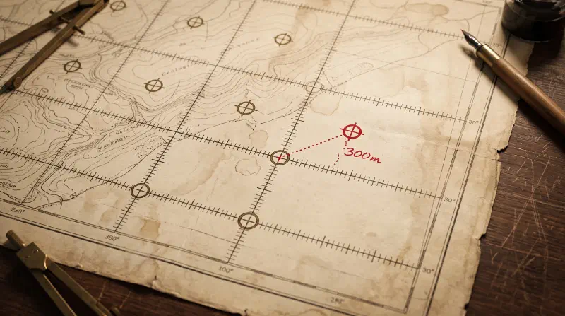 An aged sepia geological survey map on a wooden desk with a surveyor&rsquo;s coordinate grid overlaid, brass control-point crosshairs at several positions, and one crosshair marked in red ink with a &ldquo;300m&rdquo; correction note showing it was misplaced