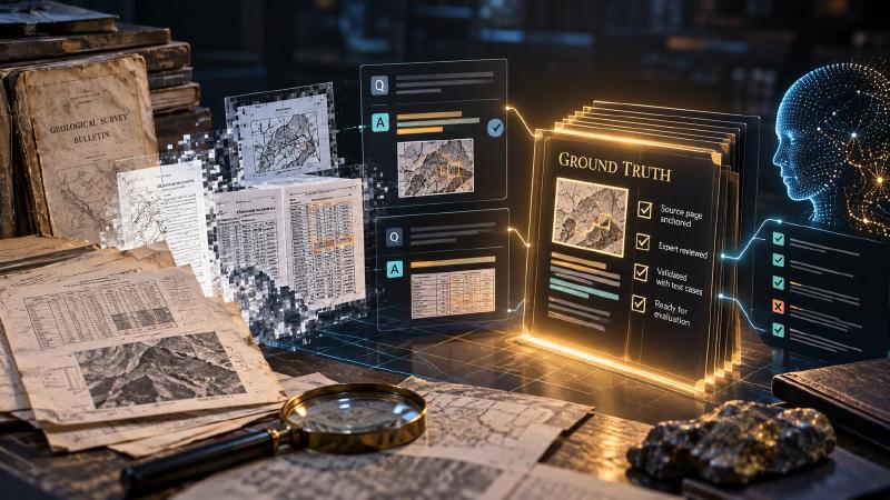 Every score is a comparison against this reference, so every step that builds it counts Illustration of how ground truth data for AI is built: old geological survey reports are digitised, turned into question-and-answer items, and gathered into a ground truth set checked for source page anchoring, expert review, validation with test cases and readiness for evaluation, which then grades an AI model’s answers