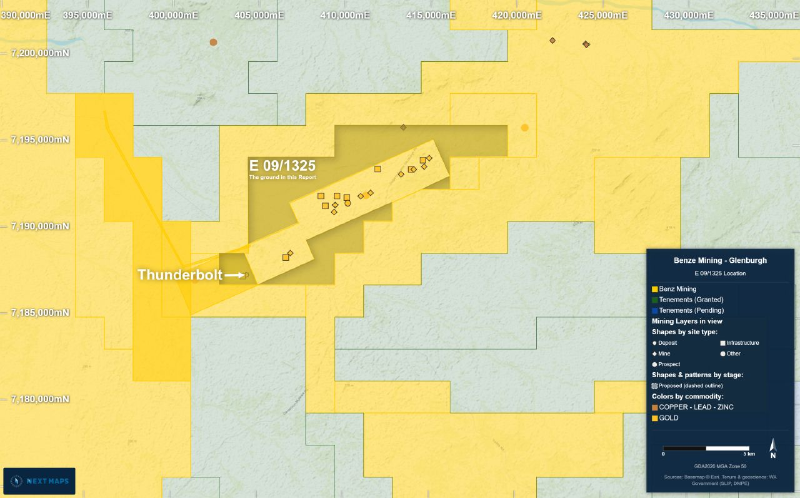 Licence E 09/1325 and the Thunderbolt occurrence, mapped against the neighbouring Benz Mining Glenburgh tenements Licence E 09/1325 and the Thunderbolt occurrence, mapped against the neighbouring Benz Mining Glenburgh tenements