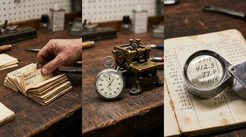 Three panels on a workbench showing the three stages of how to benchmark AI models: a hand sorting labelled test cards, a stopwatch beside a brass machine, and a magnifying glass over a ledger of handwritten measurements