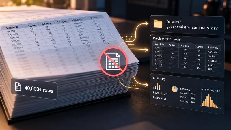 A 40,000-row geochemistry table crossed out, with arrows to what enters the AI agent context window instead: a results file path, a short preview and a summary
