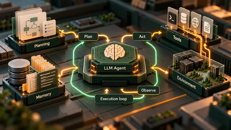 Four components recur around one loop: plan, act, observe LLM agent architecture around a central LLM agent: planning, memory and tools modules and the environment, joined by a plan, act and observe execution loop