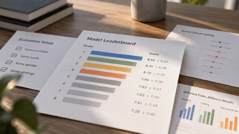 Read the ranges, not just the ranks An LLM benchmark leaderboard of eight models with a ± range on every score, beside notes on the evaluation setup, score uncertainty and results by task type