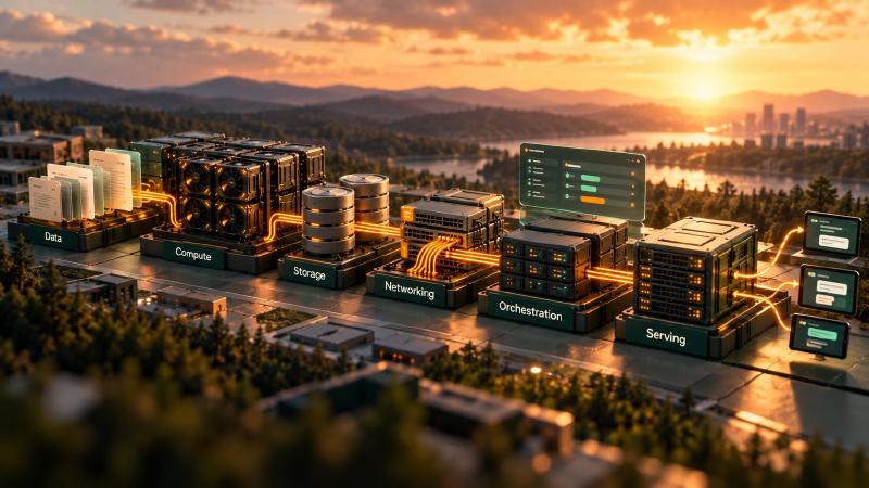 The same layers recur in every stack, from data to serving LLM infrastructure as a pipeline on a hillside at sunset: data cards feed GPU compute racks, then storage, networking, orchestration and serving blocks that send responses to laptops and phones