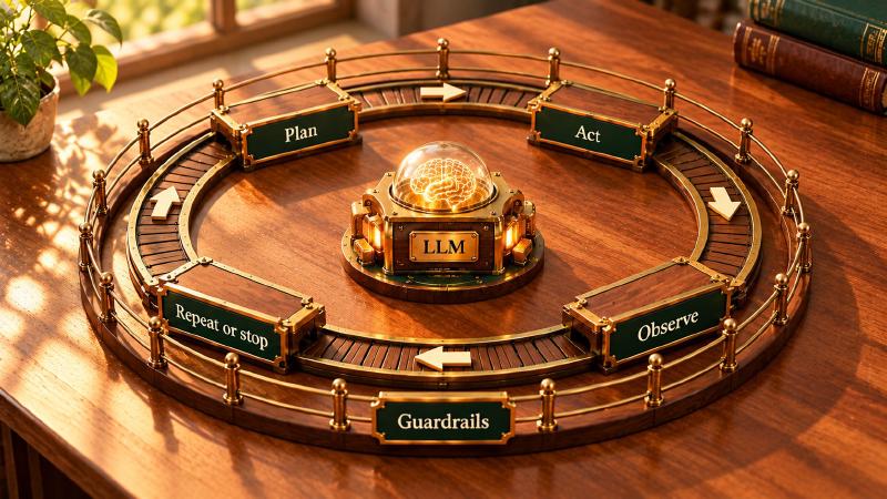 Autonomy comes from the loop, and deployment is about fencing it LLM powered autonomous agents as one loop on a sunlit desk: a model at the centre, four stations for plan, act, observe and repeat or stop, and a guardrails fence around the whole loop