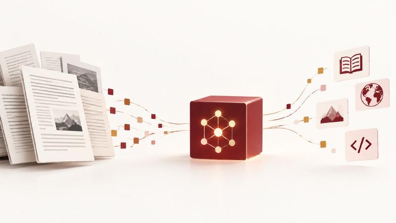 Pre-training turns a huge body of text into general knowledge LLM pre-training: pages of text broken into small token pieces flow into a model, which comes out with language, world knowledge and code