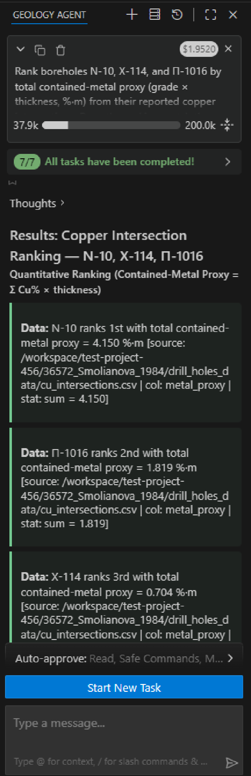 The Geology Agent ranking boreholes by contained-metal proxy, with a source citation for every number The Geology Agent ranking boreholes by contained-metal proxy, with a source citation for every number