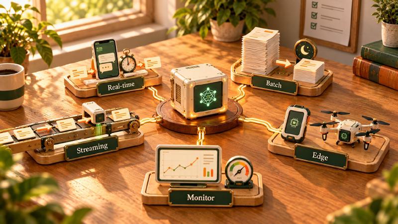 One model, served four ways, and watched in production Serving ML models: a model server at the centre of a sunny desk, linked to real-time, batch, streaming and edge serving stations and a monitoring dashboard