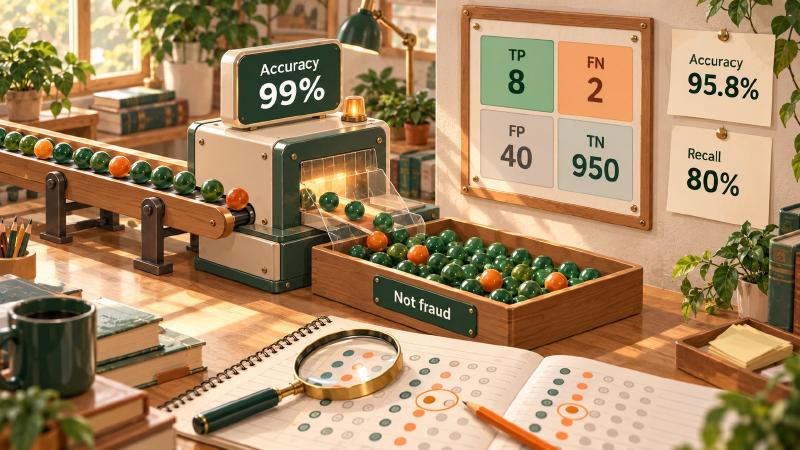 A high score can hide the cases that matter Model accuracy explained at an analyst’s desk: a sorting machine scores 99% by sending every transaction to a not-fraud tray while orange fraud marbles slip past, beside a confusion matrix of 8, 2, 40 and 950 cases, cards for 95.8% accuracy and 80% recall, and an answer key being corrected