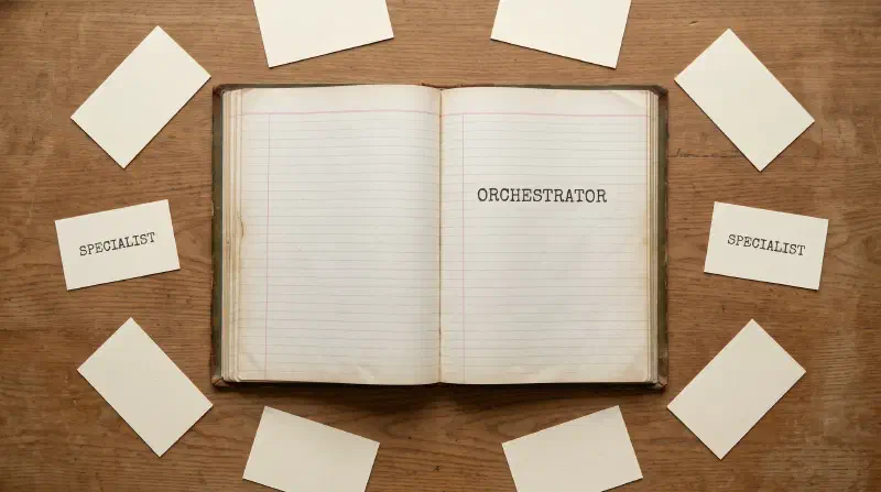 One orchestrator, many specialists dispatched and returned An open ledger book labelled “ORCHESTRATOR” lying at the centre of a wooden table, surrounded by small blank index cards, two of which are flipped face-up and labelled “SPECIALIST”