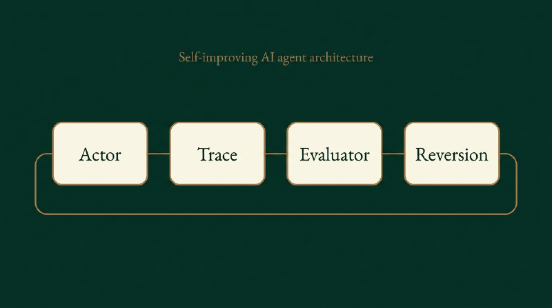 The four components of a self-improving agent architecture, wired as a loop. A loop of four linked cards, actor to trace and memory to evaluator to reversion, with a return path from the last card back to the first.