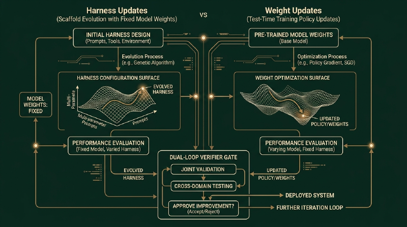 Harness Updates (scaffold evolution with fixed model weights) versus Weight Updates (test-time training policy updates) converging into a Dual-Loop Verifier Gate. Harness Updates vs Weight Updates in Self-Improving AI