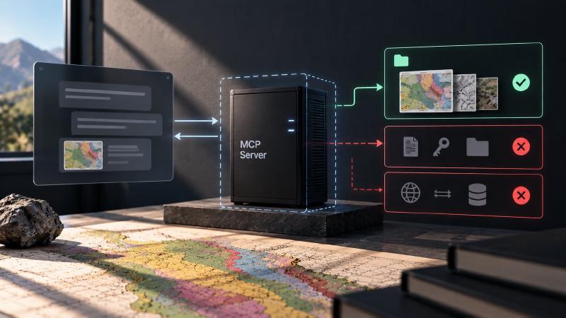 MCP server security on a local machine: a chat app talks to an MCP server inside a dashed boundary, which may open the allowed folder of map scans while other files, a private key and online databases stay out of reach by default