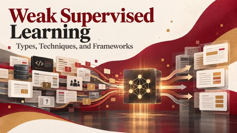 Many rough label sources, one trained model Weak supervised learning: label sources such as a database, rules, crowd workers and documents with uncertain labels flow into one model, which outputs labeled documents
