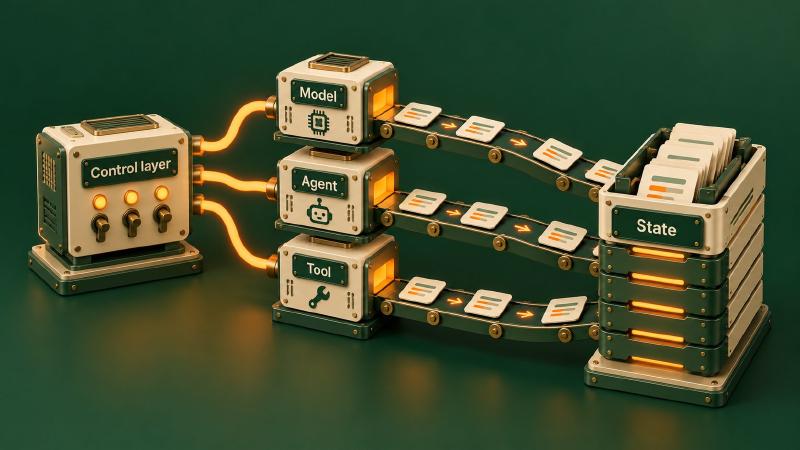 Orchestration sequences the work; the components do it. AI orchestration as an isometric machine line: a control layer sends glowing cables to Model, Agent and Tool units, whose output cards ride conveyors into a stacked State archive