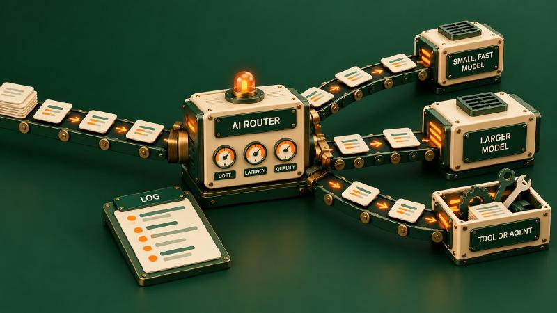 The right-sized route for each request AI routing as an isometric sorting machine: request cards enter an AI router with cost, latency and quality gauges, which sends them to a small, fast model, a larger model or a tool or agent while a log records each route