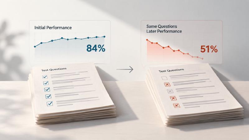 Same questions, worse answers The same test questions scored 84% at first and 51% later: model drift in AI