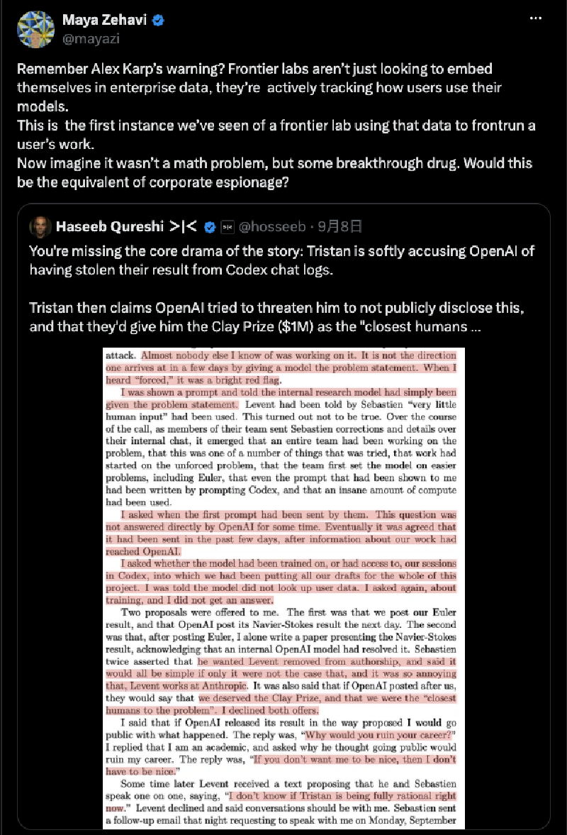 @mayazi on X Screenshot of a post on X by @mayazi raising the same data-mining concern about OpenAI in the Navier–Stokes dispute