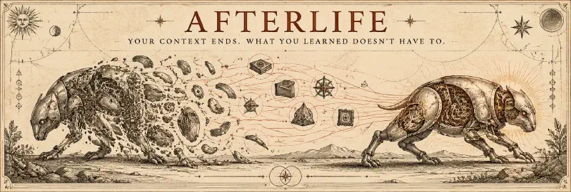 Afterlife weight-level memory banner: an etched parchment illustration titled &ldquo;Afterlife: Your context ends. What you learned doesn&rsquo;t have to.&rdquo;, showing a mechanical beast dissolving on the left as selected geometric memory artifacts flow along orange trajectories into a newly assembled clockwork beast on the right