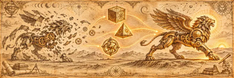 Afterlife lets local AI agents select experiences from a completed session and train them into fresh weight-level LoRA adapters for future sessions Afterlife weight-level memory for AI agents: a Renaissance alchemical engraving on parchment showing a winged mechanical lion dissolving on the left, its core geometric memories flowing along golden trajectory paths into a newly reassembled radiant clockwork lion on the right
