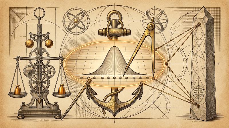 Anchoring supervised fine-tuning with a reference policy bounds probability drift across the entire vocabulary simplex Anchored SFT and KL Divergence: a Renaissance technical copperplate engraving showing a brass anchor and geometric calipers locking a glowing trust-region boundary over a discrete probability distribution, flanked by a mechanical DFT balance governor on the left and a reference model monolith tethered by golden tension cables on the right