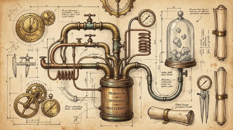 Collapsing reward, optimisation, and persistence in agents as an etched parchment engraving: three conduits of reward, optimisation, and persistence converging into a central brass physical byte reservoir, flanked by an isolated container bell-jar with drainage siphons and opportunistic bypass pipes