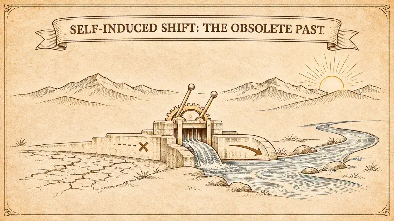 When an agent’s actions permanently alter its environment, keeping past data preserves contradictions; a sliding window tracks the new reality Self-induced shift: the obsolete past: an etched parchment illustration showing a mechanical sluice dam diverting a flowing river, leaving a dried cracked riverbed on the left while fresh water flows forward into a new channel on the right