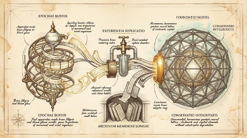 Experience Replay and Complementary Learning Systems: a Renaissance technical copperplate engraving showing a fast episodic memory spiral on the left interleaving new domain trajectories with foundational rehearsal scrolls to safely update a base LLM through a modular amber LoRA adapter without catastrophic forgetting