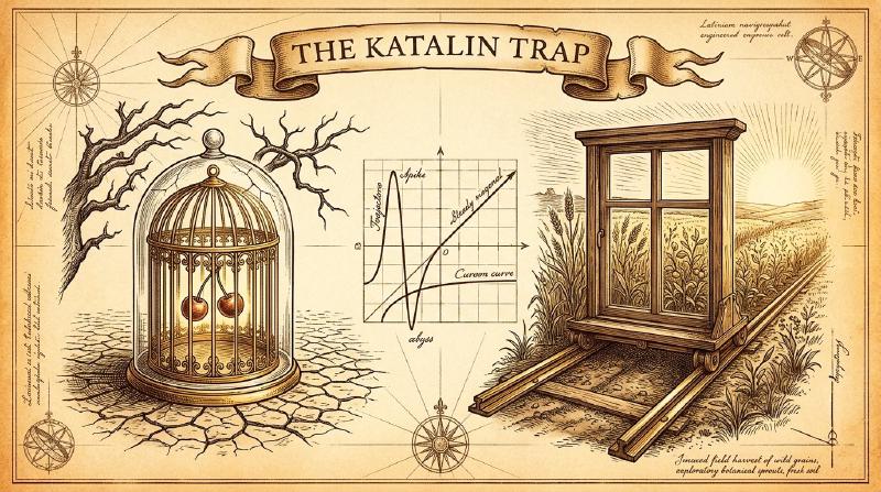Selecting only peak performances trains an agent for an exhausted world that ceases to exist The Katalin Trap and cherry-picking training data as an etched parchment engraving: a golden cage enclosing glowing cherries on barren cracked earth, contrasted against a wooden sliding window frame on brass rails advancing through a thriving harvest with an inset trajectory chart