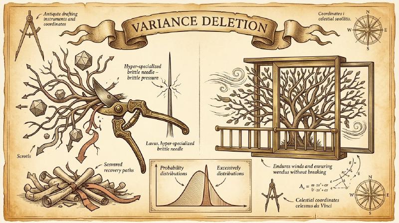 Pruning sub-optimal runs deletes the recovery behaviours agents need when environments drift Variance deletion and self-training collapse as an etched parchment engraving: ornate brass shears aggressively pruning away a spectrum of diverse branches into discarded scrolls, contrasted against a broad resilient canopy protected within a sliding window frame with an inset distribution chart