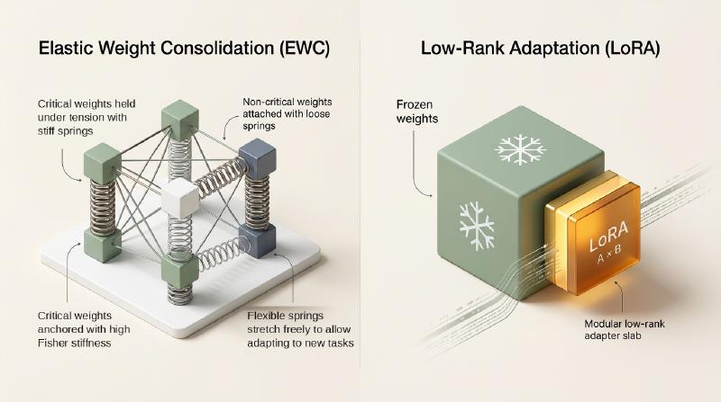 Elastic Weight Consolidation compared with Low-Rank Adaptation: on the left, an EWC neural parameter lattice anchors critical weights with stiff Fisher tension springs while flexible springs allow learning new tasks; on the right, a frozen base model cube with snowflake symbols attaches a modular amber LoRA adapter slab to isolate task updates