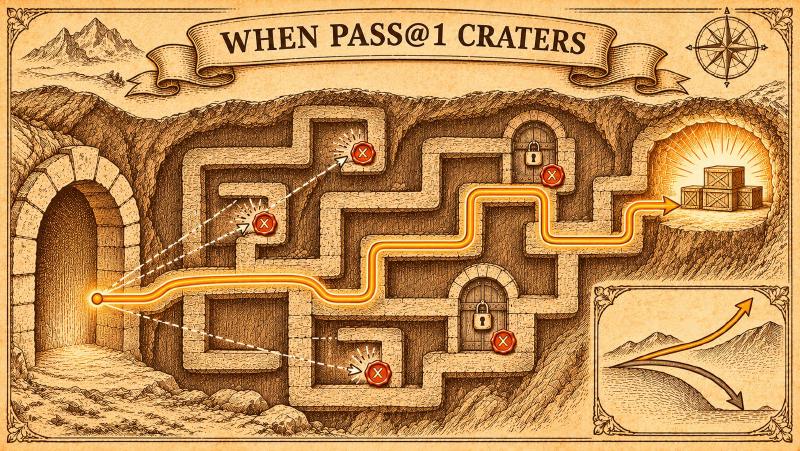 A first attempt that fails and maps the container can be worth more than a lucky first success When pass@1 craters: an etched parchment map of a maze-like vault where dashed probe lines end at dead ends and locked doors marked with red X seals, a glowing route reaches a lit chamber of crates, and an inset shows two lines splitting, one climbing and one diving