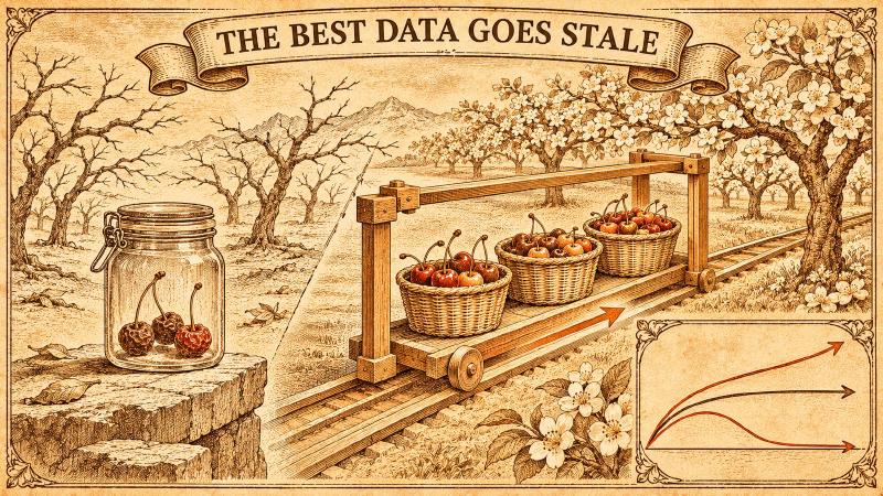 Keeping only the best data trains a model for a world that has already moved on Data selection for fine-tuning as an etched orchard: a jar of three shrivelled cherries in a bare orchard, a wooden frame on rails carrying the last three mixed harvests toward trees in blossom, and an inset of three curves, one rising, one levelling off and one peaking then falling