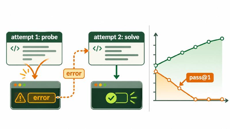 Probe then solve: an agent&rsquo;s first attempt fails on purpose, the error message guides the second attempt, and pass@1 falls while more code runs