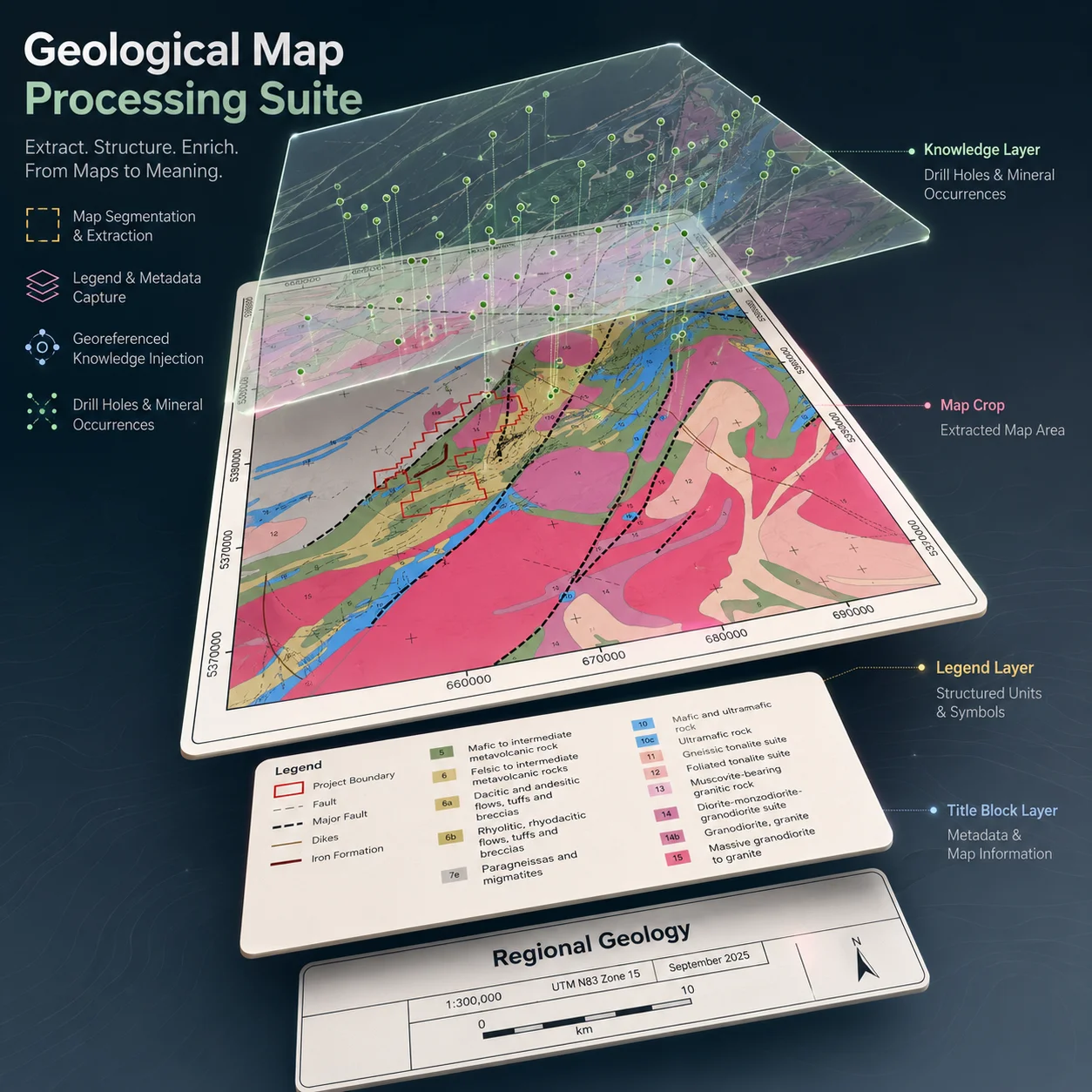 Exploded diagram of a geological map sheet split into layers: a transparent knowledge layer of drill holes and mineral occurrences floating above the coloured map crop, with the legend and title block pulled out below it
